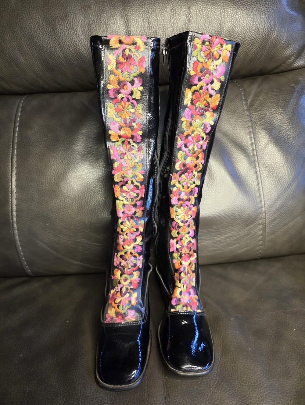 Vintage Black Patent Knee-High Go Go Boots with Pink & Orange Floral Embroidery